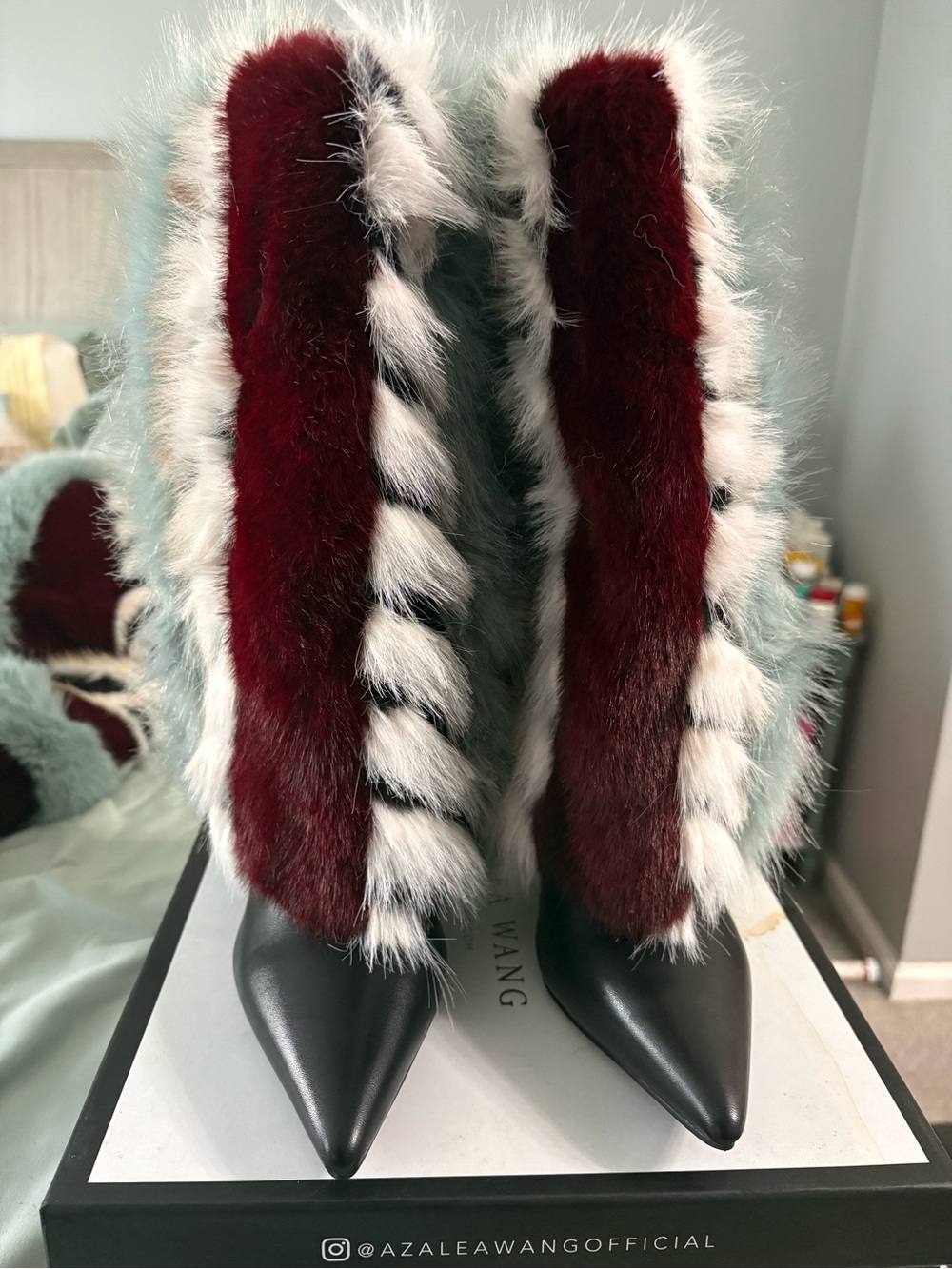 Azalea Wang Women’s Burgundy & Mint Fur-Trim Pointed Toe Heeled Boots